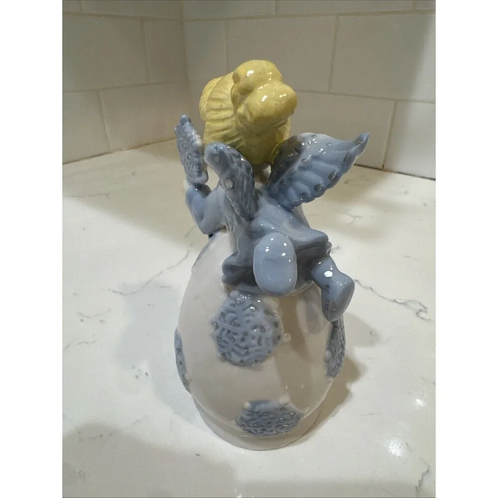 Ceramic Angel Bell with Blue Dress And Snowflakes Vtg Angels 5.25”